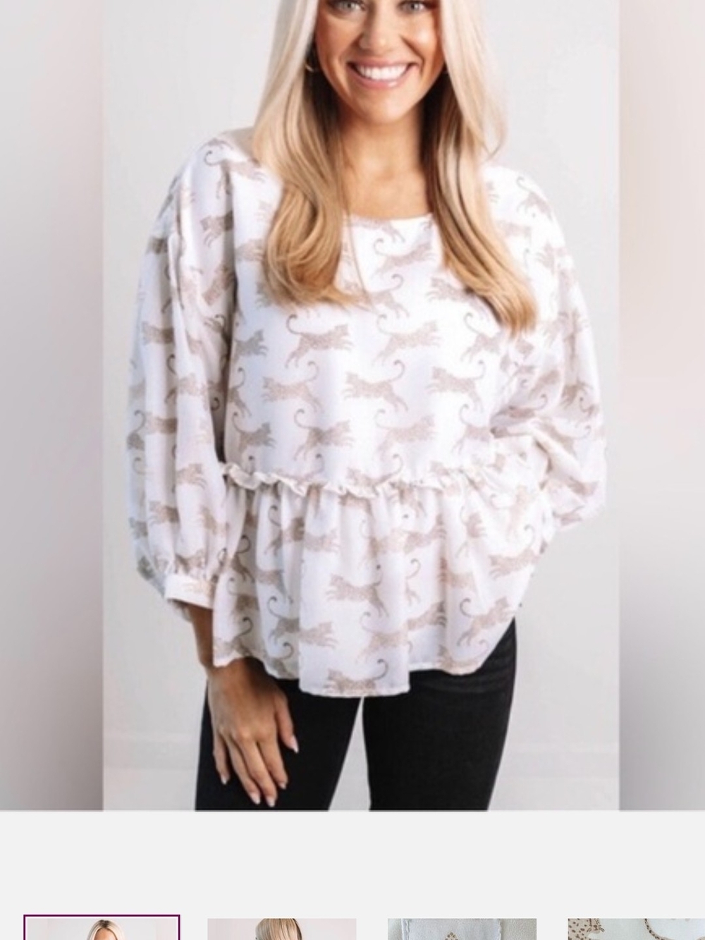 J.Marie Cream Leopard Print Peplum Oversized Blouse with Ruffle Waist Size S